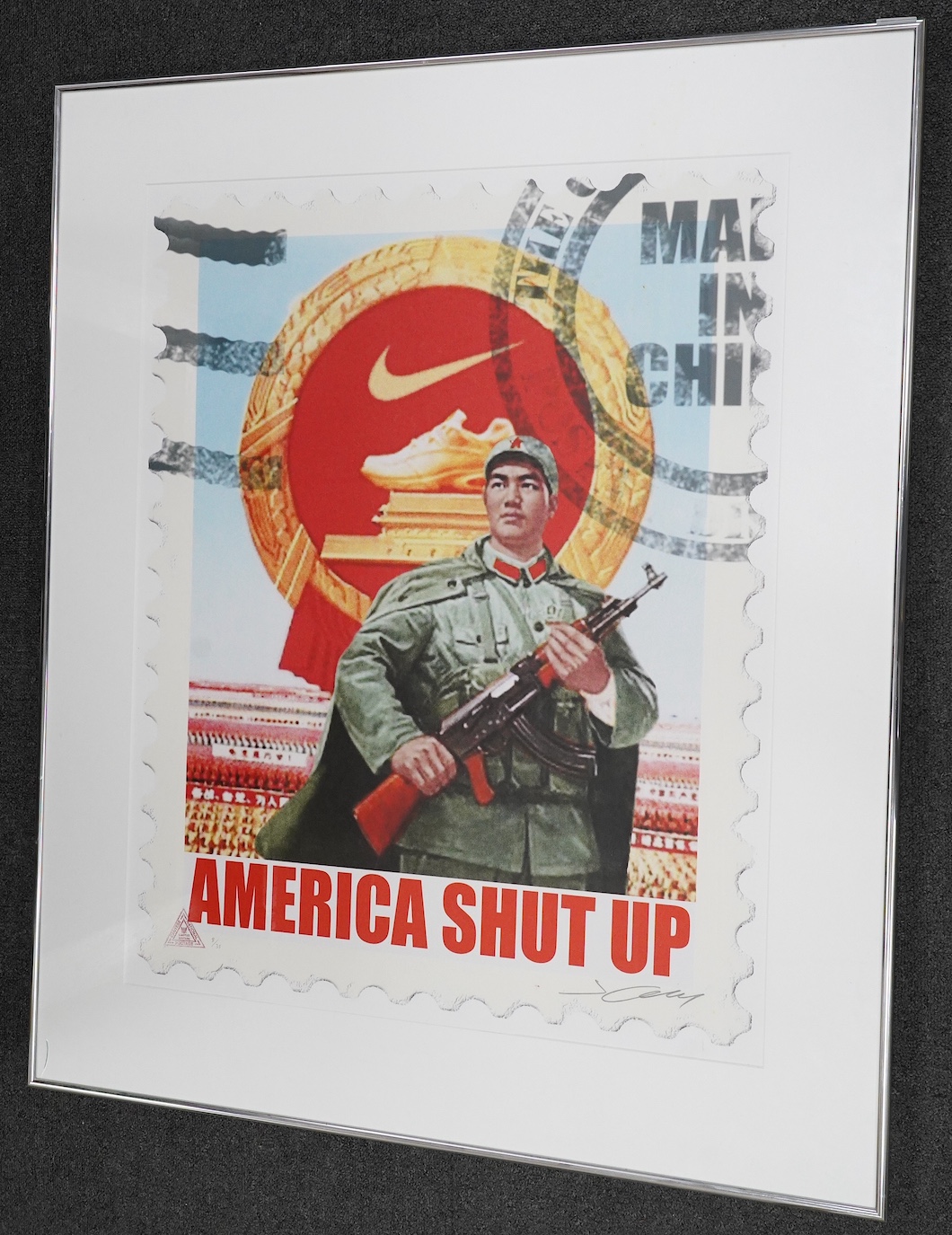 James Cauty (b.1956), print, 'America Shut Up', signed, 59 x 75cm